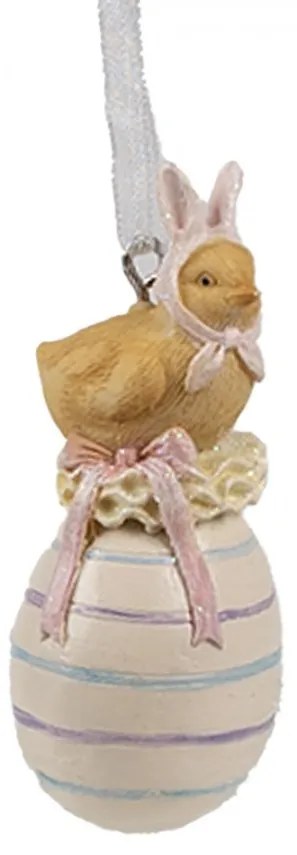 Béžová závesná dekorácia kuriatko králiček na vajíčku - 3*3*7 cm
