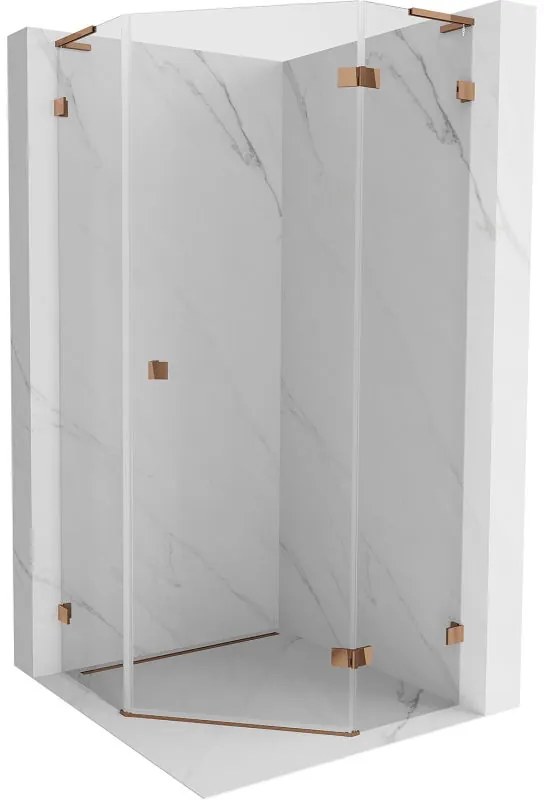 Mexen Lunar, L pravý výklopný päťuholníkový sprchový kút 80 x 80 cm, 8mm číre sklo, profil ružové zlato, 831L-080P-080L-60-00-P