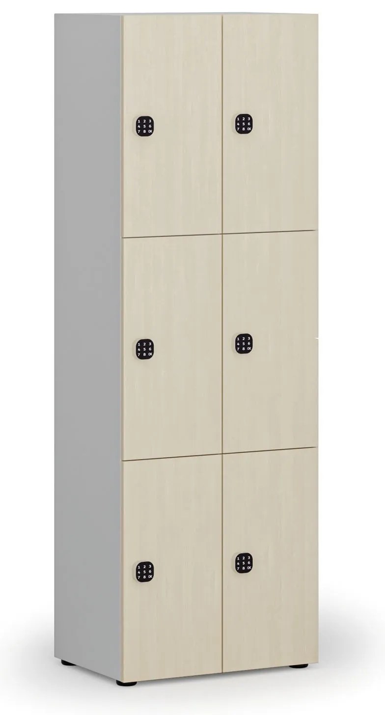 Drevená šatníková skrinka s úložnými boxmi, 6 boxov, kódový zámok, sivá/breza