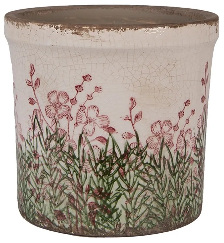 Béžovo-zelený obal na kvetináč s ružovými kvetmi Rustic Flower M - Ø 15*14 cm