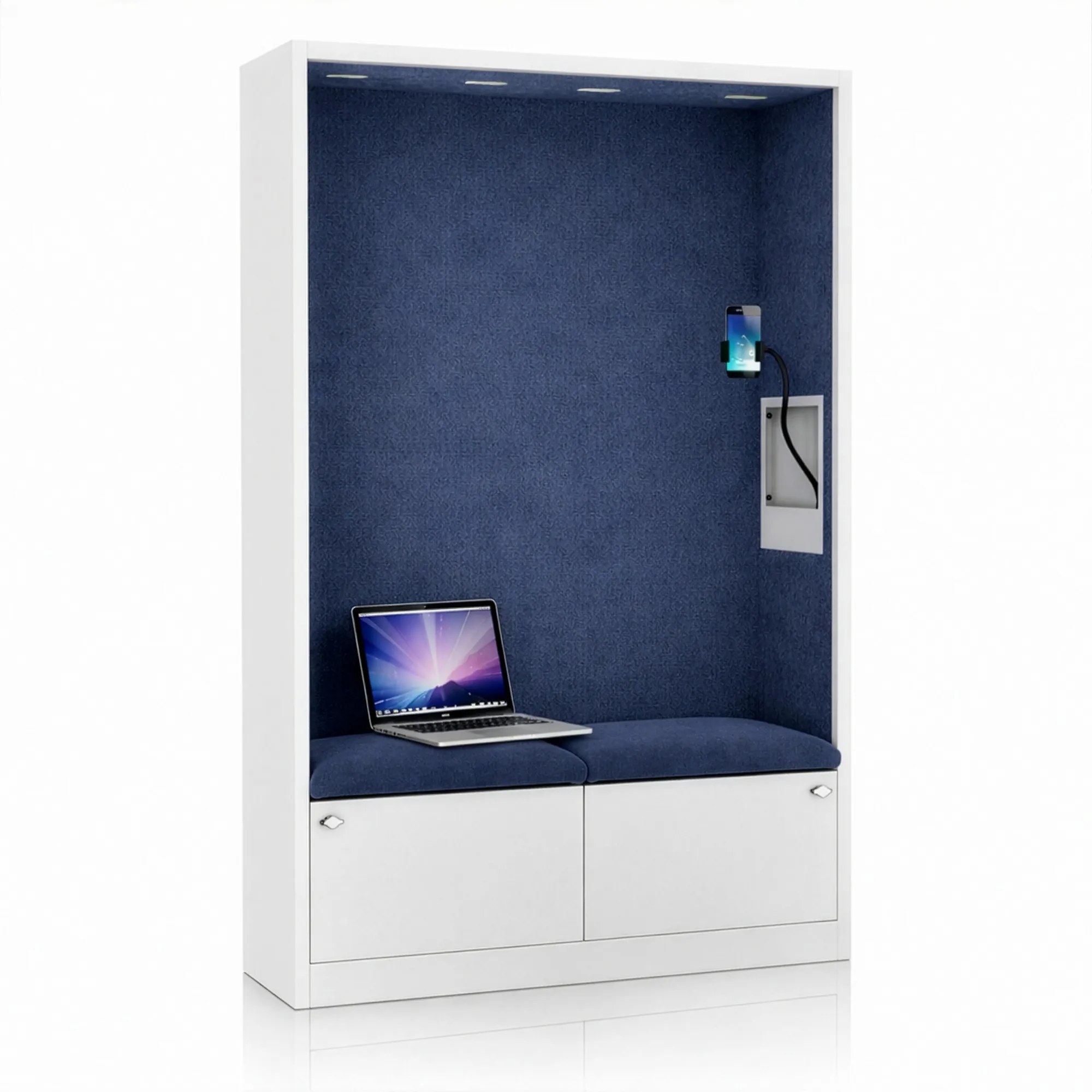 Akustická kabína SALLY MentalBox 1150 mm – biely korpus, tmavomodré sedadlo