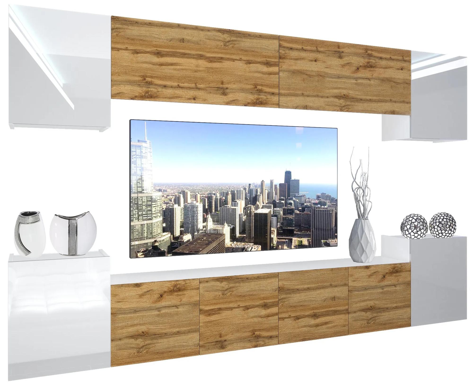 Obývacia stena Belini Premium Full Version dub wotan / bely leski + LED osvetlenie Nexum 63