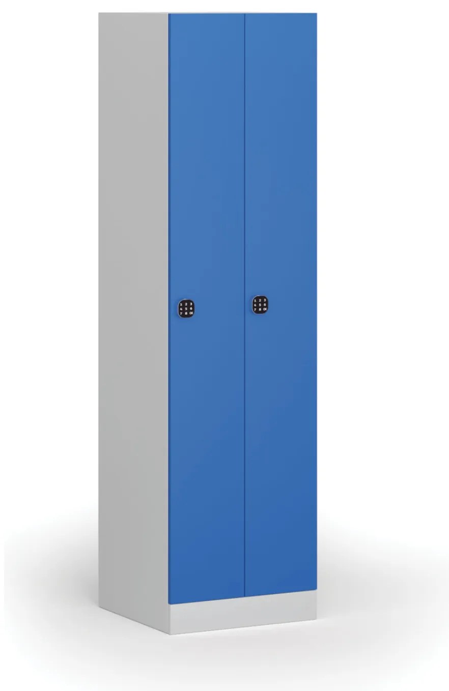 Kovová šatníková skrinka S1 zúžená, 2 oddiely, 1850 x 500 x 500 mm, kódový zámok, modré dvere
