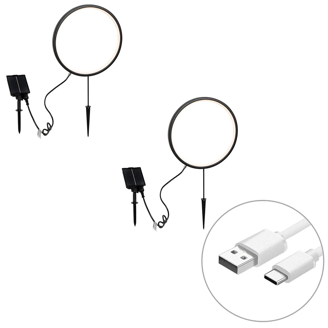 Sada 2 čiernych bodových svetiel 60 cm vrátane nabíjateľného LED a solárneho IP65 - Adalind