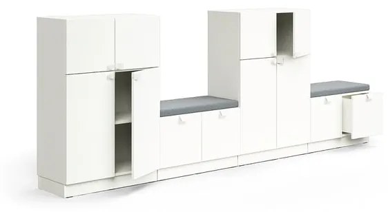Úložná skriňa QBUS, 2 skrinky + 2 lavice, so soklom, 1257x3200x420 mm, biela, šedá poduška