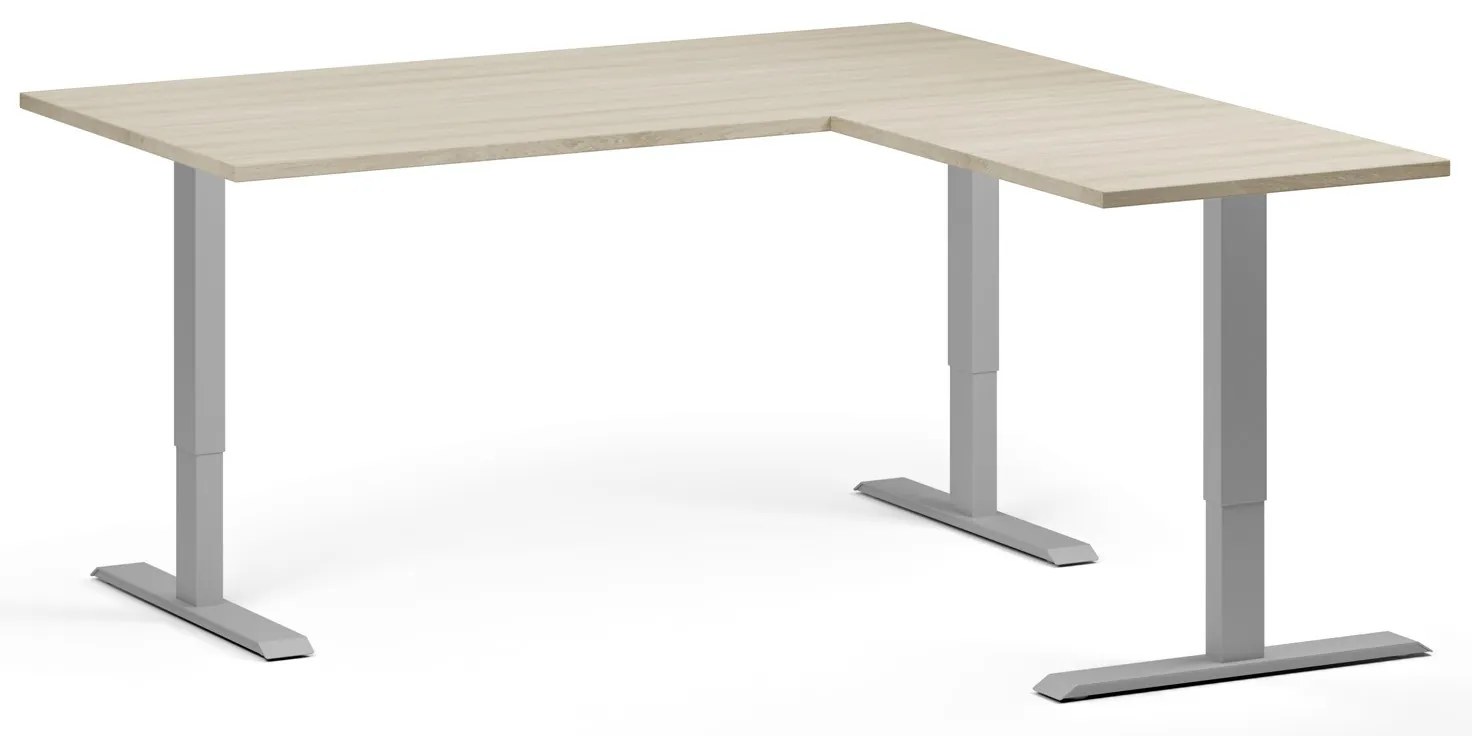 Výškovo nastaviteľný stôl, 160x160 cm, 3 motory, L/P, sivá podnož, dub prírodný