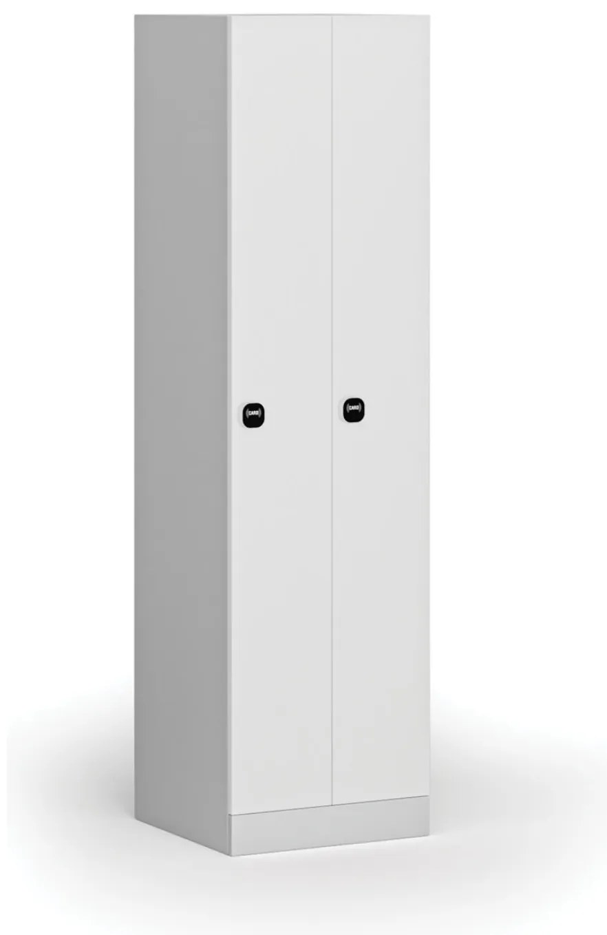Kovová šatníková skrinka S1 zúžená, 2 oddiely, 1850 x 500 x 500 mm, demont, zámok s čítačkou RFID kariet, laminované dvere, biela