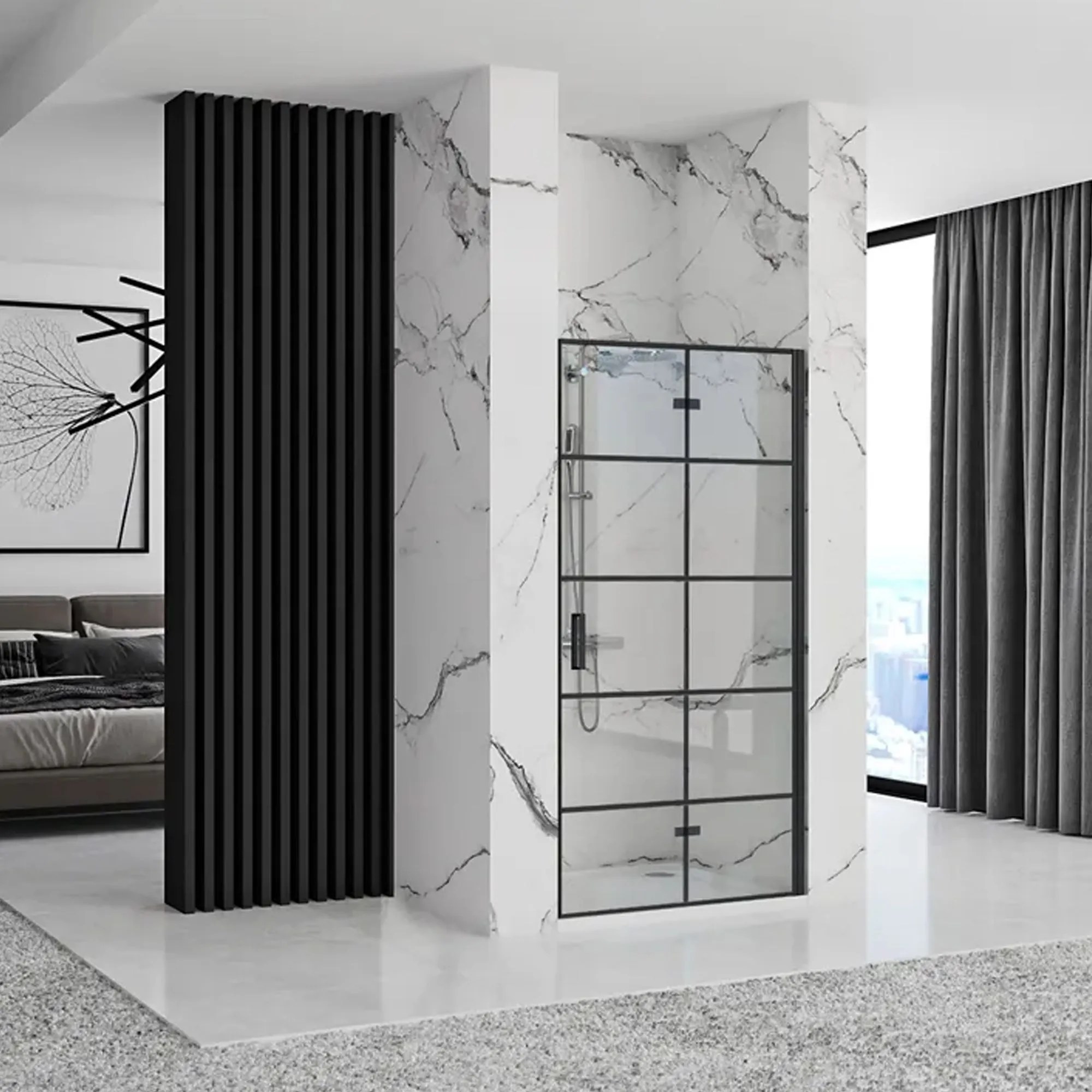 Rea Molier, skladacie sprchové dvere 90x190cm do otvoru, 6mm číre sklo, čierny profil, KPL-K1538