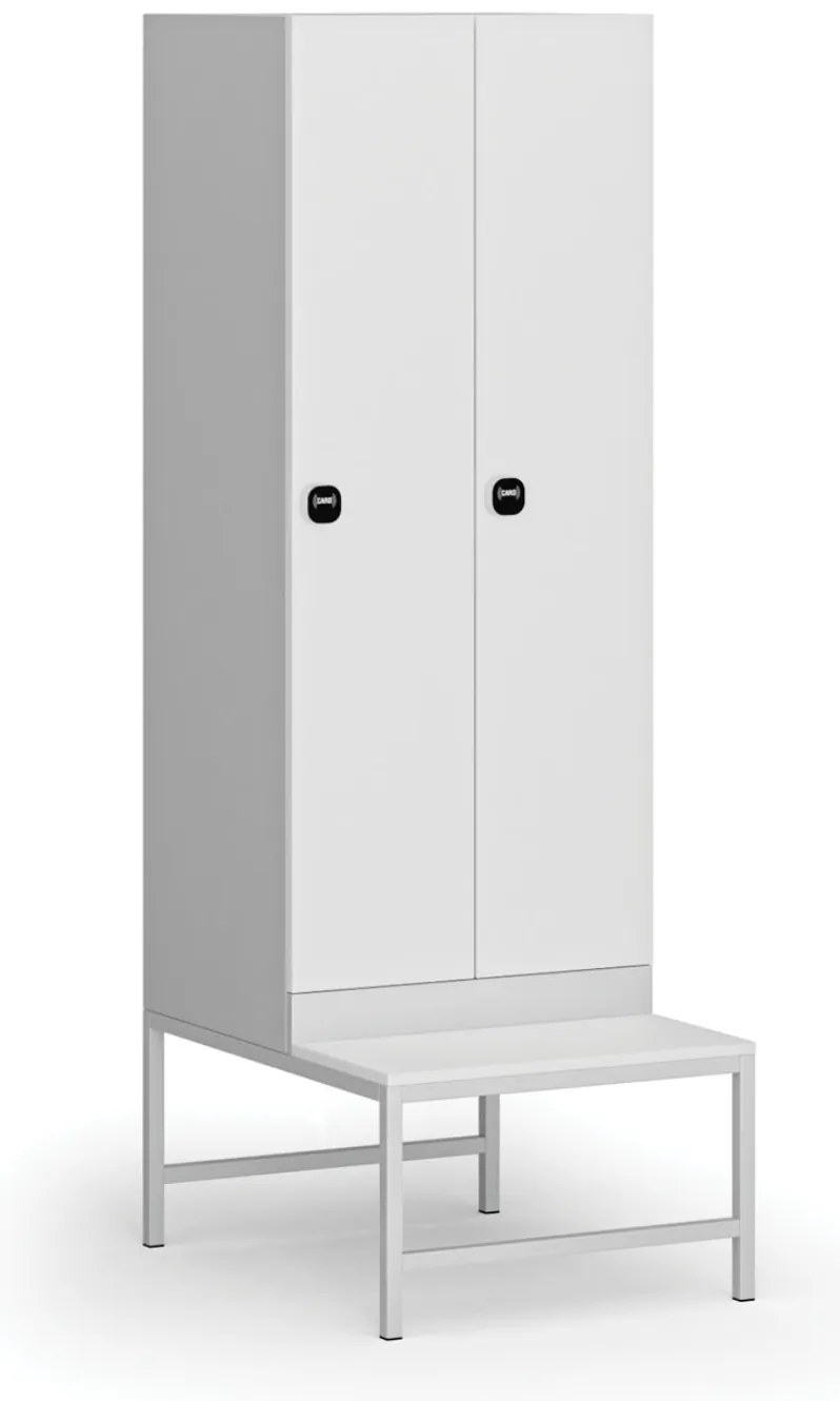 Šatníková skrinka s lavičkou, 2 oddiely, 1875 x 600 x 500/800 mm, demont, zámok s čítačkou RFID kariet, laminované dvere, biela