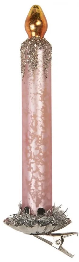 Vianočná sklenená ozdoba ružová sviečka na klipe - Ø 4*14 cm