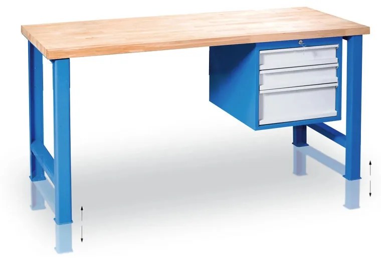 Výškovo nastaviteľný pracovný stôl GD so závesným boxom na náradie, buková škárovka, 3 zásuvky, 1500 x 800 x 850 - 1050 mm, modrá