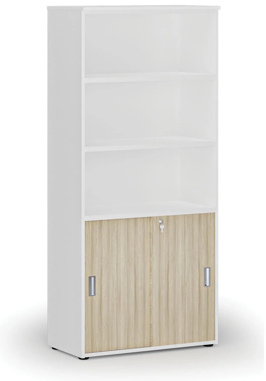 Kombinovaná kancelárska skriňa PRIMO WHITE, zasúvacie dvere na 2 poschodia, 800 x 420 x 1781 mm, biela/dub prírodná