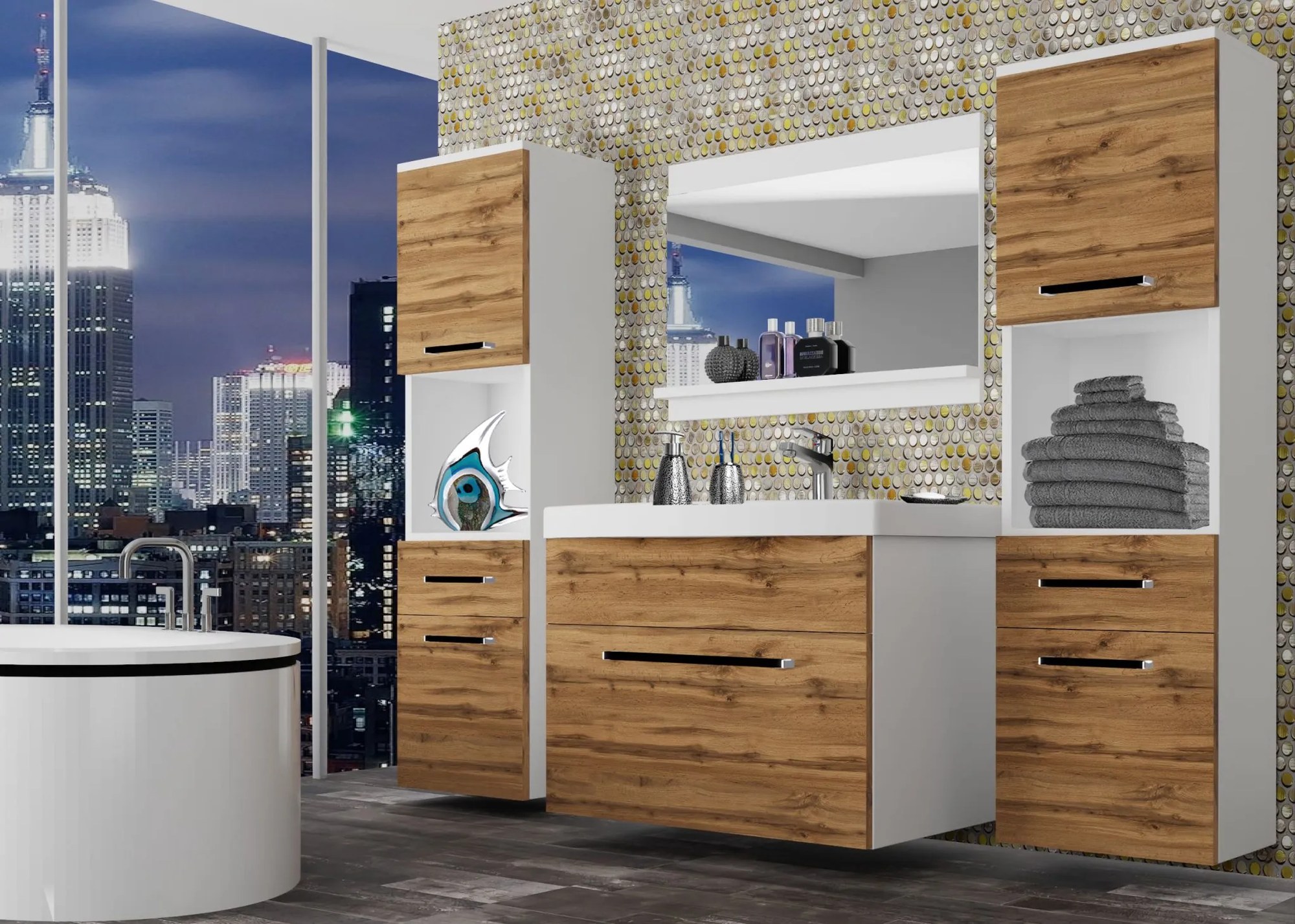 Kúpeľňový nábytok Belini dub wotan + umývadlo + zrkadlo ROD M 6/0/W/DW/0/ZW