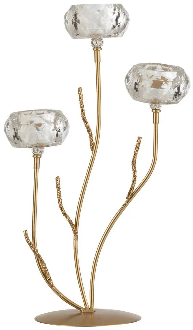 Zlatý kovový svietnik na 3 sviečky so sklenenými svietniky - 24 * 14 * 41cm