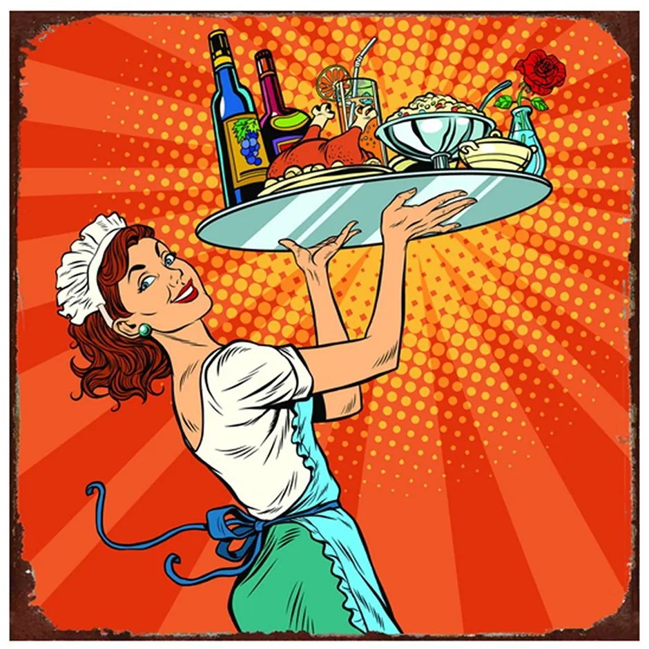 Oranžová nástenná kovová ceduľa servírka - 30*1*30 cm