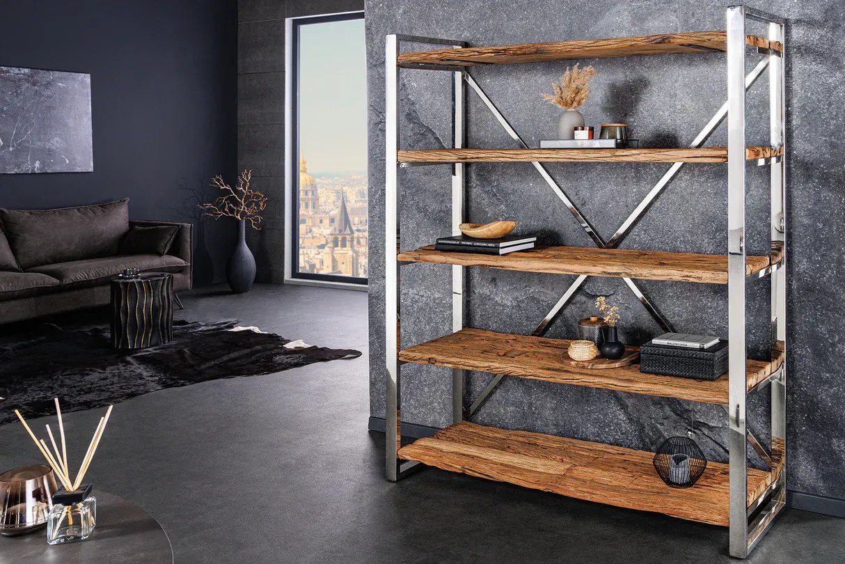 Polica BARRACUDA 185 cm teakové drevo a chrómovaná nehrdzavejúca oceľ