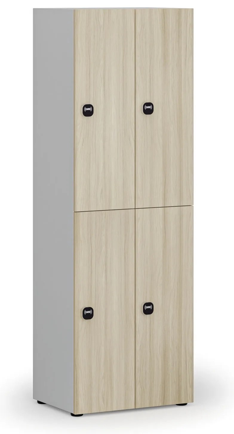 Drevená šatníková skrinka S4 s úložnými boxmi, 4 boxy, demont, RFID zámok, sivá/dub prírodný