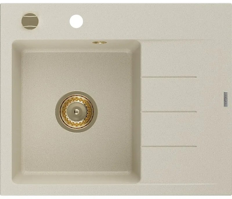 Mexen Ben, 1-komorový granitový drez 600x500x190 mm, ľavý + zlatý sifón, béžová, 6522605000-69-G