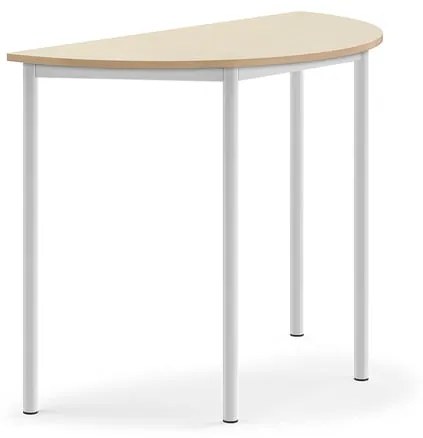 Stôl SONITUS, polkruh, 1200x600x900 mm, HPL - breza, biela