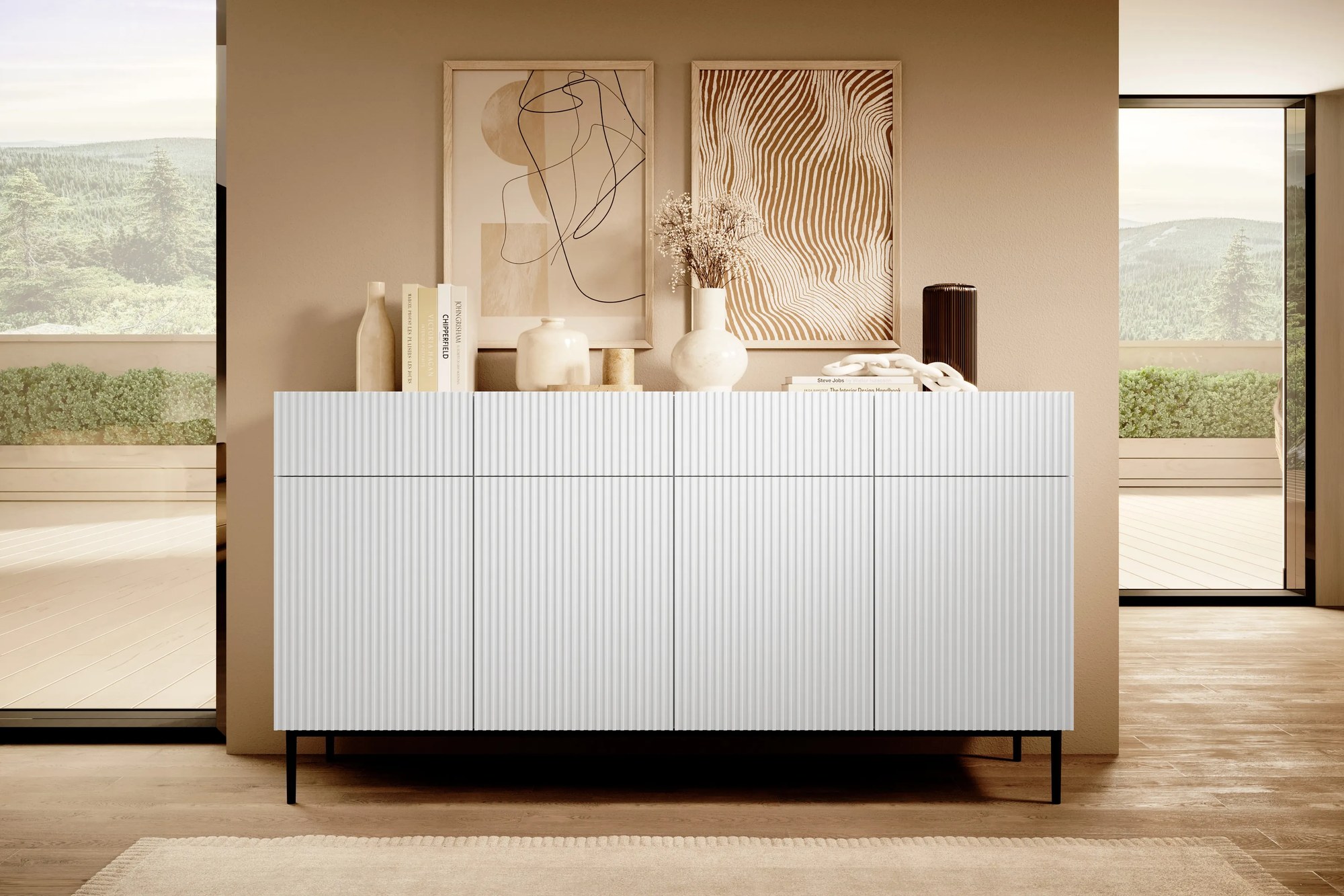 Komoda Nicole 200 cm so 4 zásuvkami - biely mat / čierna