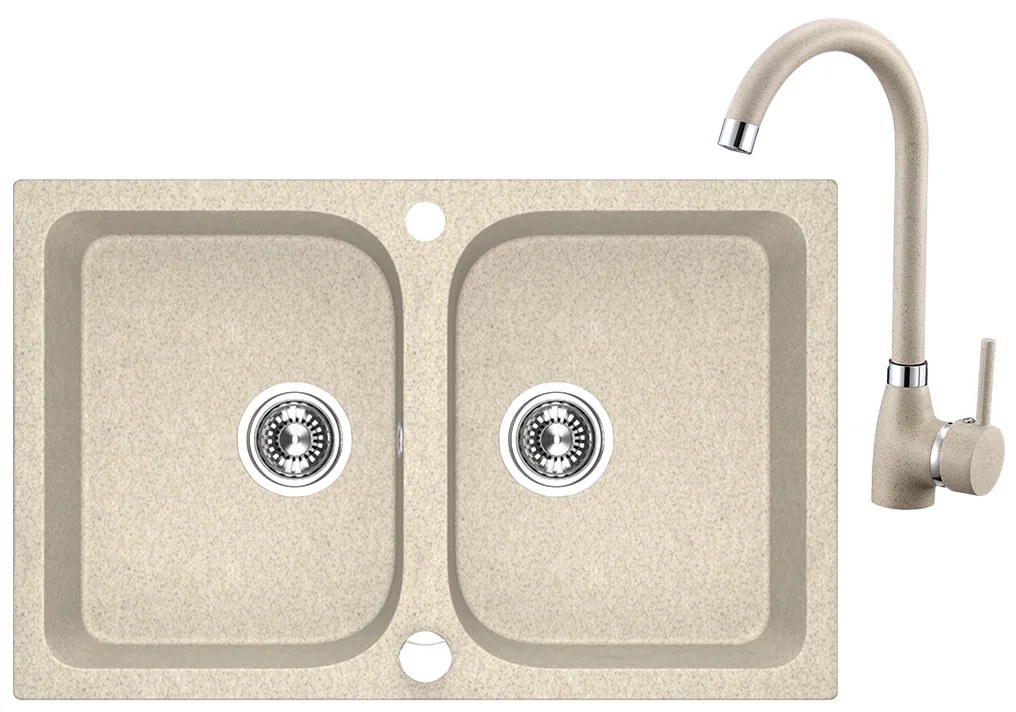 Laveo Celia, 2-komorový granitový drez 760x480x184 mm + drezová batéria s výlevkou v tvare U, béžová, LAV-SJCE420T
