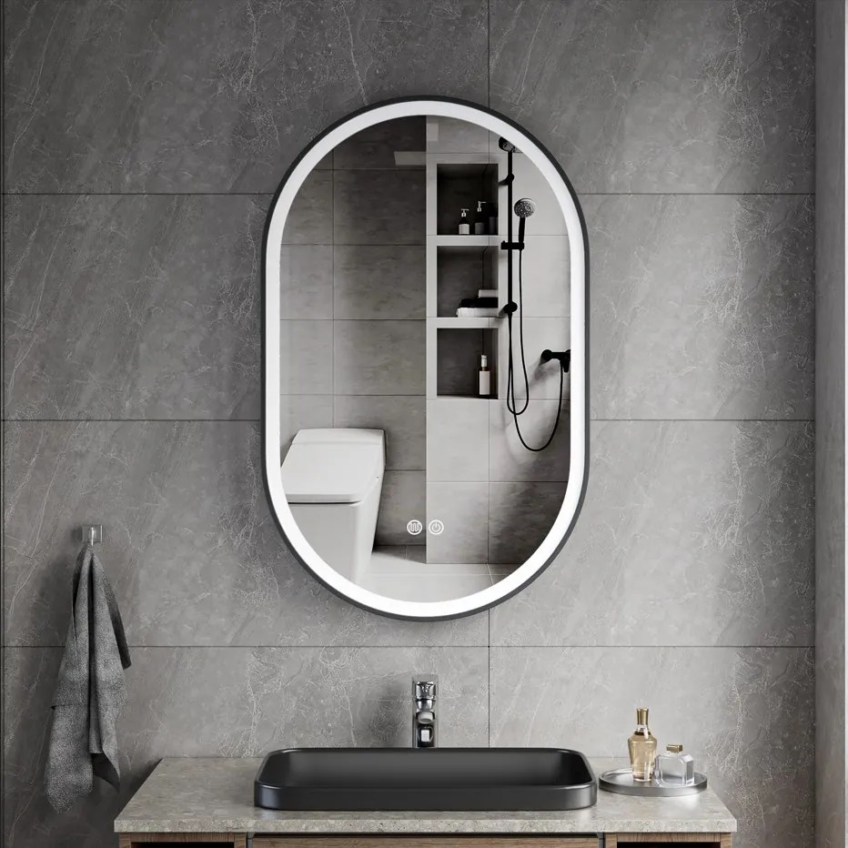 Erga Gwen, oválne LED zrkadlo 50x80cm v čiernom kovovom ráme, 3 farby svetla, predné osvetlenie, vyhrievacia podložka proti zapareniu, ERG-V01-GWEN-5080-BK