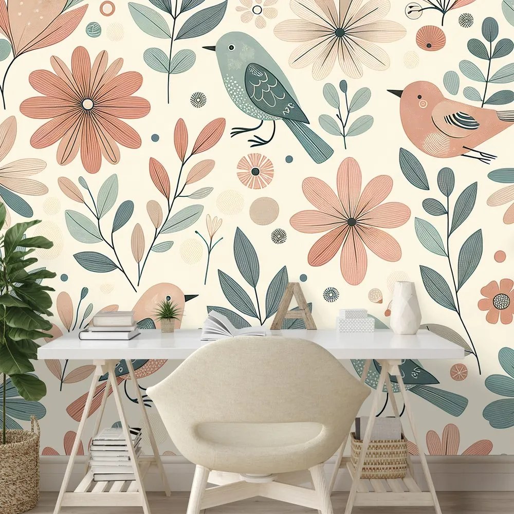 Fototapeta pastelové vtáčiky a kvety