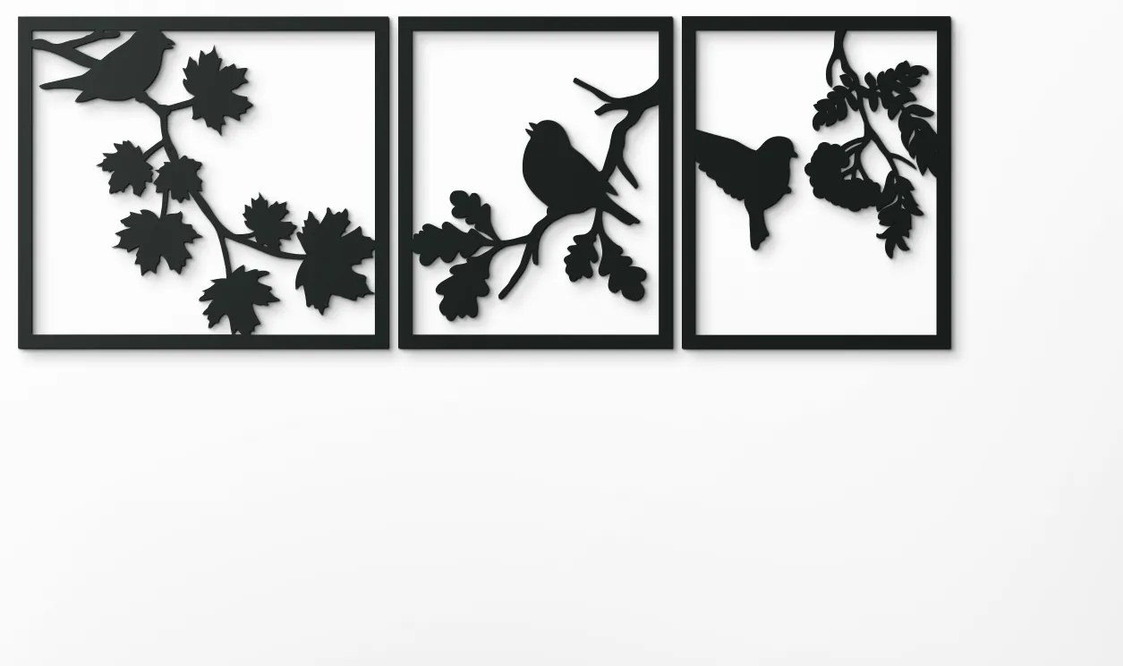 drevko Viacdielny obraz Vtáčí triptych Rozmer obrazu: 22,5 x 65 cm, Farba dekorácie: Čierna