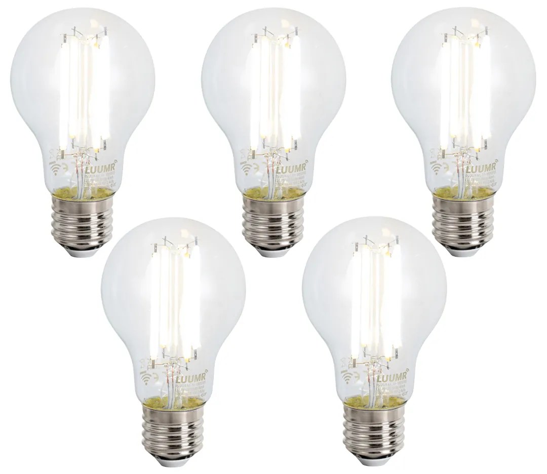 Sada 5 inteligentných stmievateľných LED žiaroviek E27 A60 číra 7W 806 lm 2700-6500K