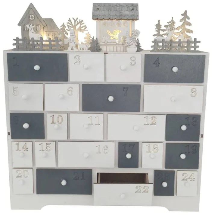 Drevený betlehem s LED adventným kalendárom, 37 × 11 × 40 cm, biely a sivý, 2× AA