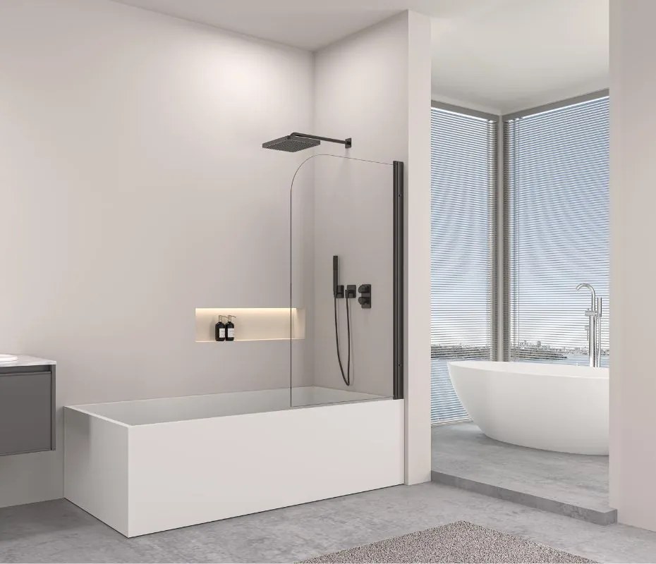 Erga Ozark, 1-krídlová vaňová zástena 90x140 cm, 6mm číre sklo, čierny profil, ERG-V02-OZARK-090-BK