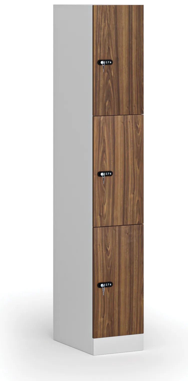 Šatníková skrinka s úložnými boxmi, 3 boxy, 1850 x 300 x 500 mm, demont, mechanický kódový zámok, laminované dvere, orech