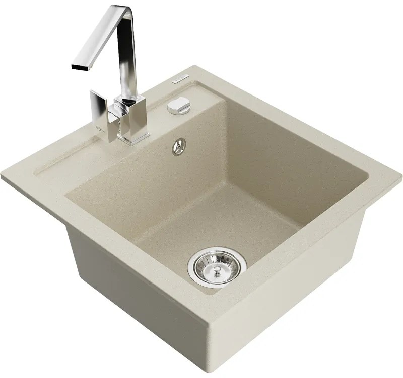 Mexen Vito, 1-komorový granitový drez 520x490x210 mm, chrómová batéria Rita, béžová, 6503-69-670300-00