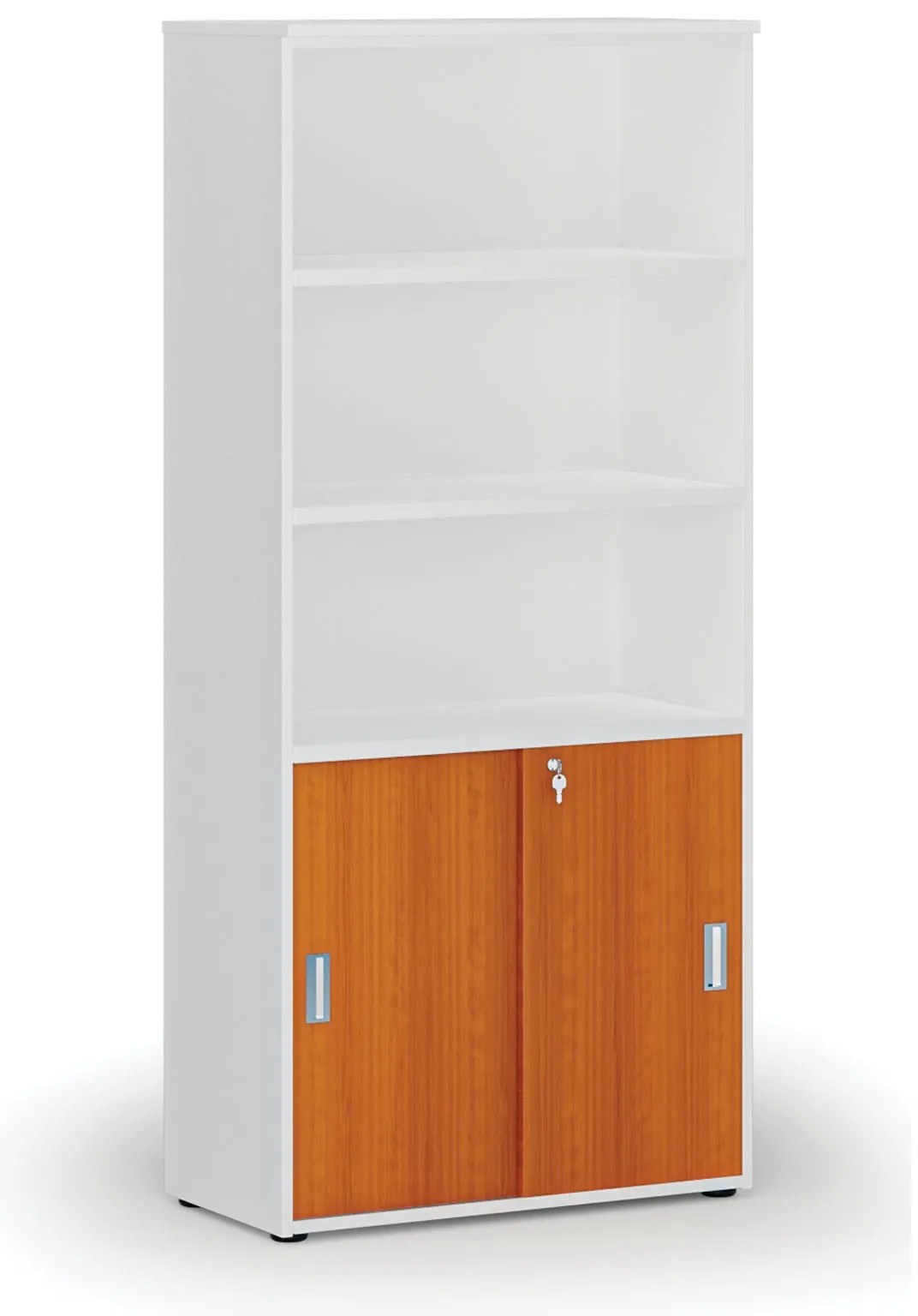 Kombinovaná kancelárska skriňa PRIMO WHITE, zasúvacie dvere na 2 poschodia, 800 x 420 x 1781 mm, biela/čerešňa