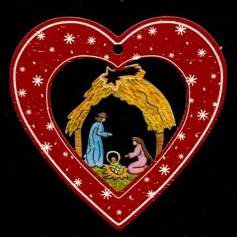 AMADEA Drevená ozdoba farebné srdcia s betlehemom 6 cm