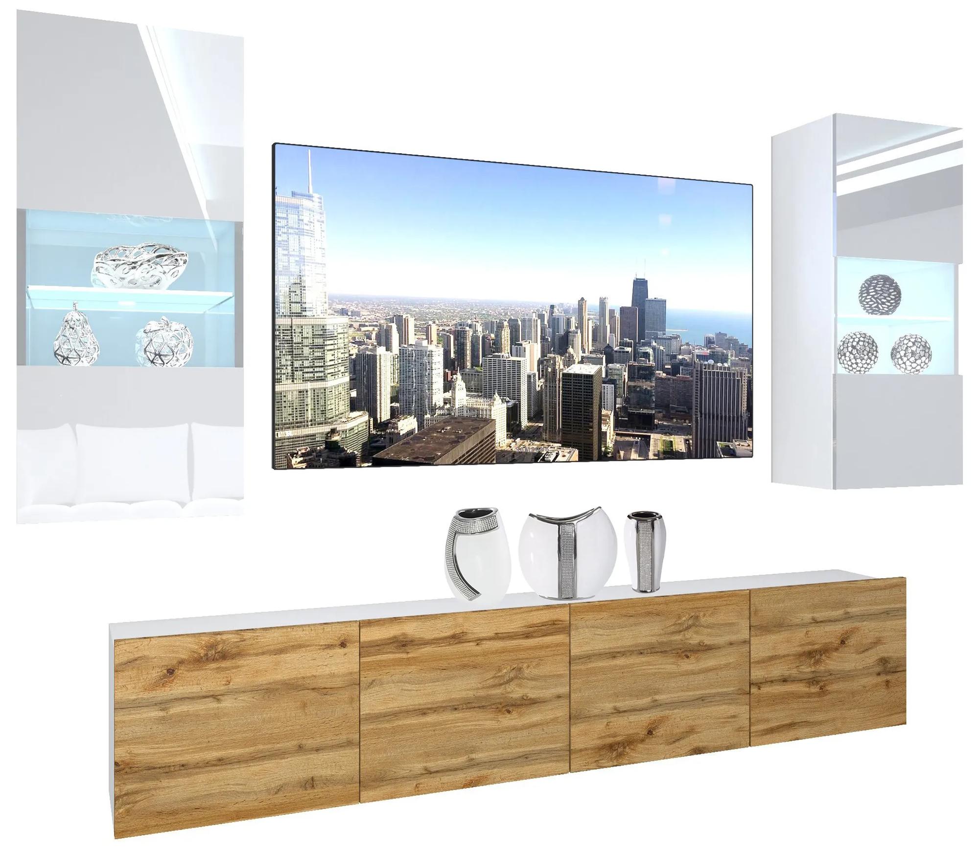 Obývacia stena Belini Premium Full Version biely lesk / dub wotan + LED osvetlenie Nexum 136
