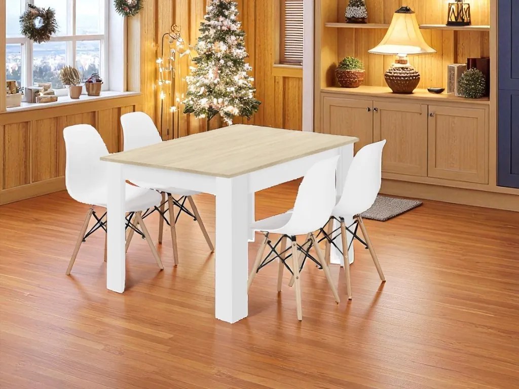 Jedálenská zostava stôl Dub sonoma 120 x 80cm biele nohy + 4 stoličky OSAKA biele / prírodné nohy