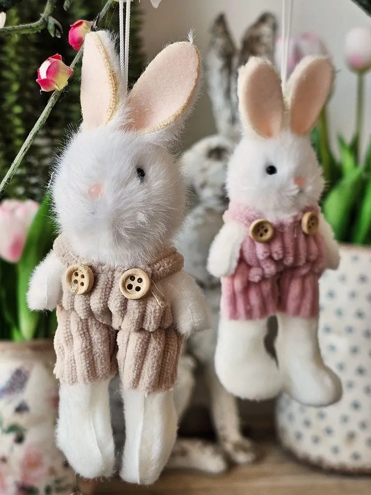 Biely plyšový závesný zajačik v ružových laclíkoch - 14 cm