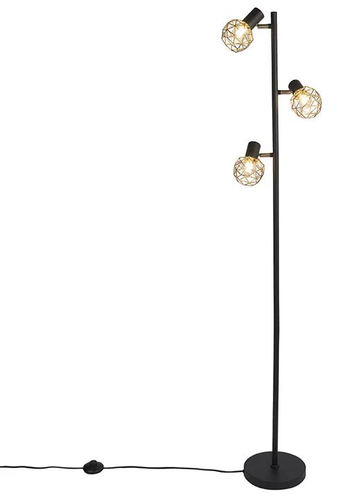 Dizajnová stojaca lampa čierna so zlatom 3-svetlo nastaviteľné - Mesh