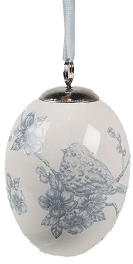 Dekorácia keramické vajíčko s modrými kvetmi a vtáčikom - Ø 6*8 cm