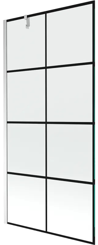 Mexen Next, vaňová zástena 1-krídlová 90 x 150 cm, fixné krídlo, 6 mm číre sklo s čiernym vzorom, chrómový profil, 895-090-000-00-77-01