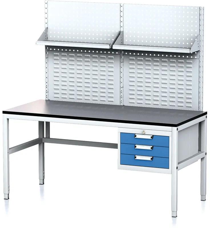 Alfa 3 Nastaviteľný dielenský stôl MECHANIC II s perfopanelom a policami, 3 zásuvkový box na náradie, 1600x700x745-985 mm, sivá/modrá