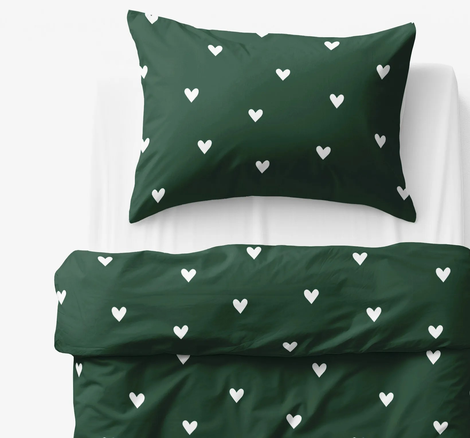 Goldea vianočné detské bavlnené obliečky - srdiečka na tmavo zelenom 140 x 200 a 70 x 90 cm