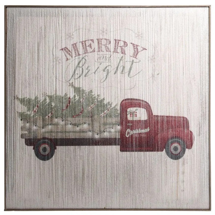 Vintage nástenný obraz s autom a ľad svetielkami Merry Bright - 60*2,5*60 cm