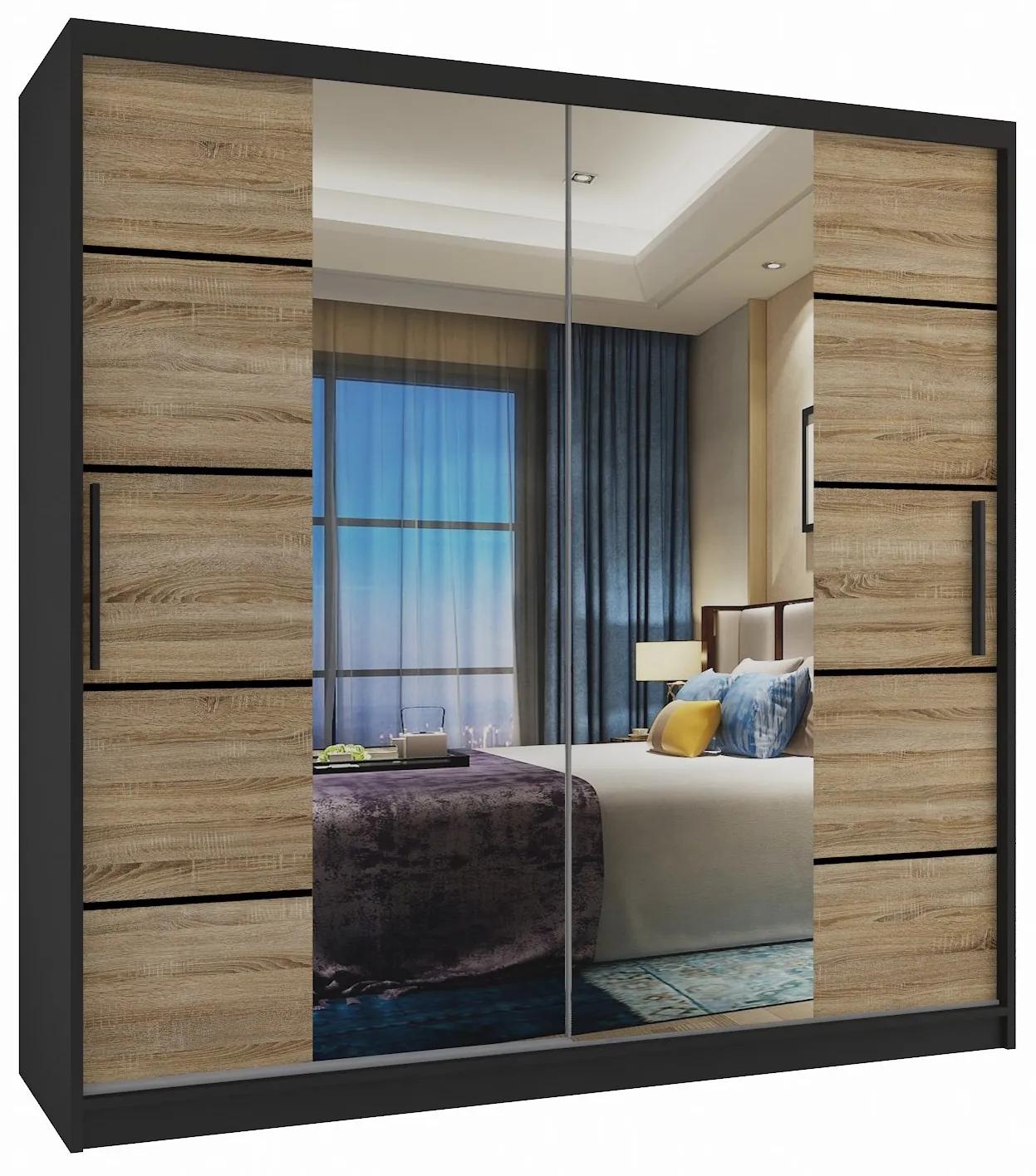 Šatníková skriňa 200 cm Belini čierny mat / dub sonoma s posunými dverami zrkadlom a zásuvkami  ME SZP5/1/B/DS/0/KLP