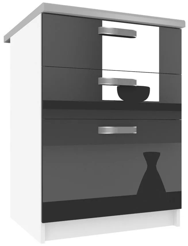 Kuchynská skrinka Belini spodná so zásuvkami 60 cm čierny lesk s pracovnou doskou INF SDSZ60/1/WT/B/0/F