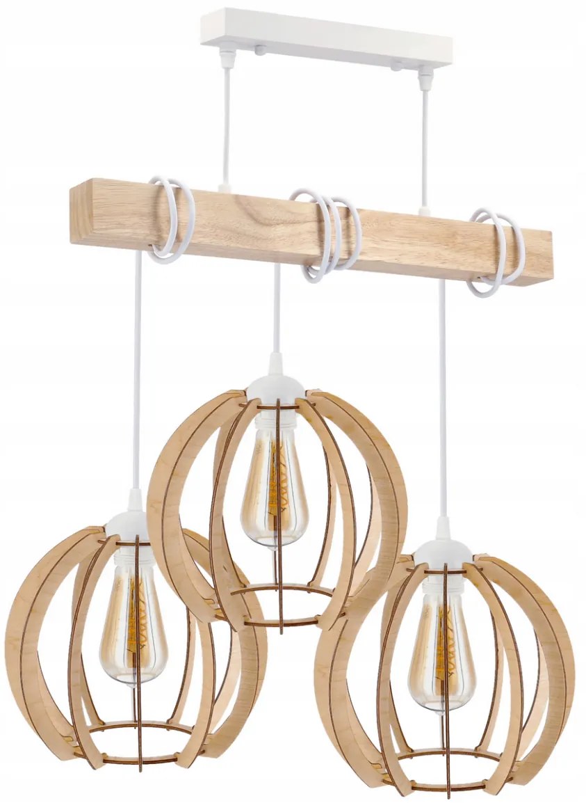 BERGE LED závesné stropné svietidlo, drevené, biele, 3xE27, vzácna guľa