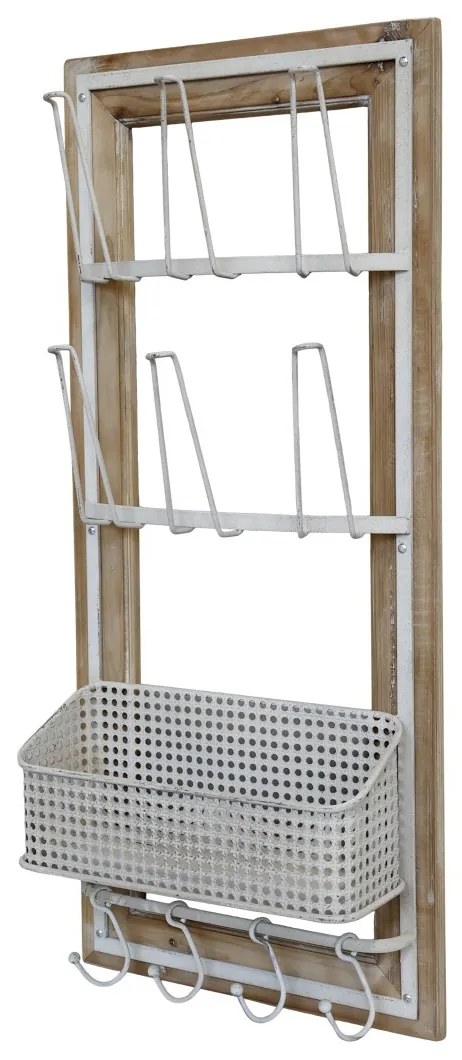 Krémová antik dreveno-kovová nástenná polička s háčikmi Old Shelf - 40*15*90 cm