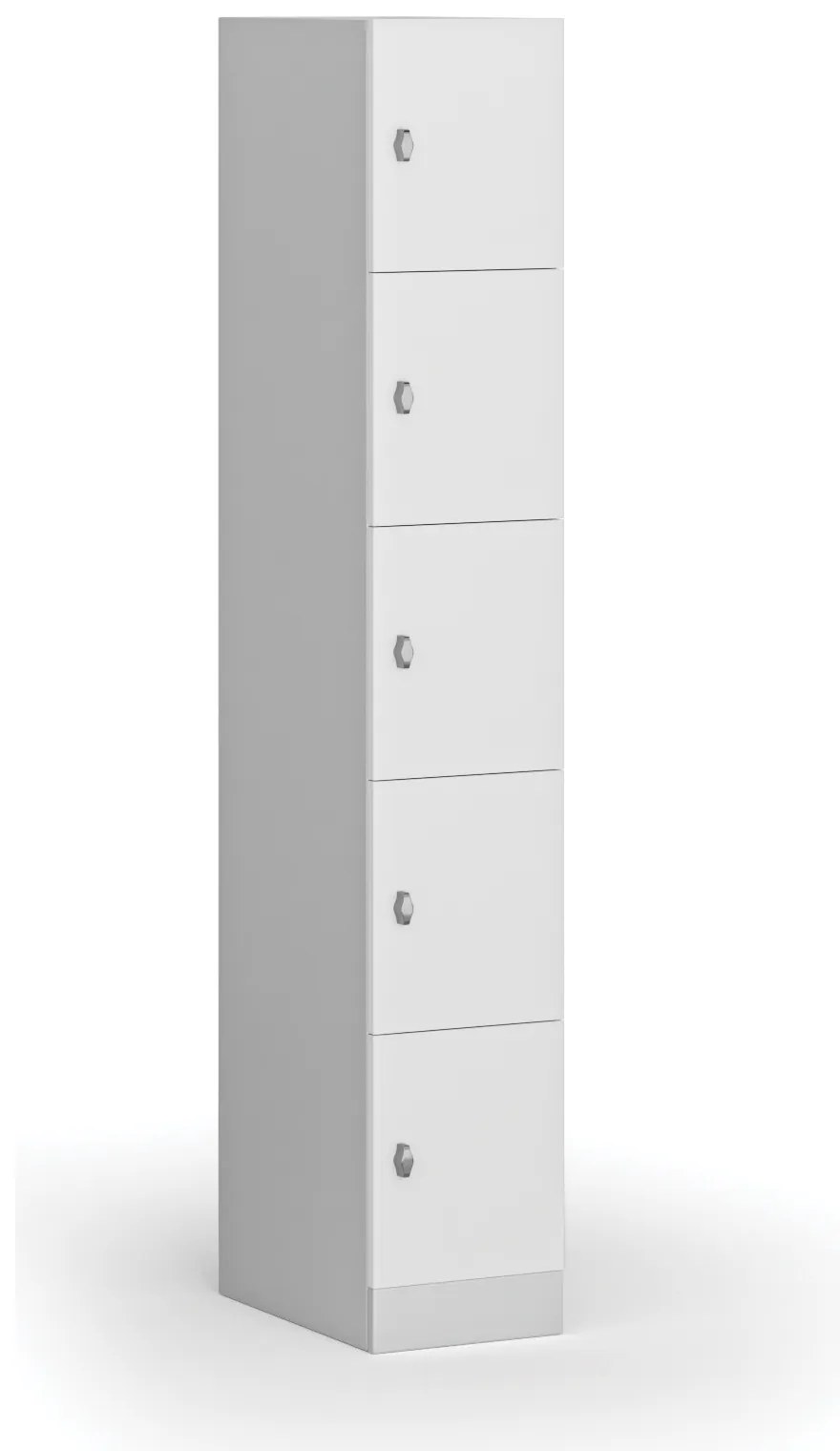 Šatníková skrinka S1 s úložnými boxmi, 5 boxov, 1850 x 300 x 500 mm, demont, otočný zámok, laminované dvere, biela