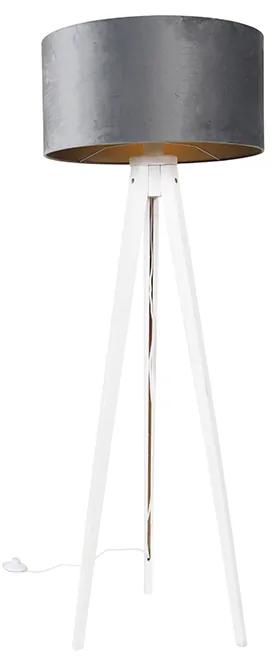 Moderná stojaca lampa trojnožka biela s sivým zamatovým tienidlom 50 cm - Tripod Classic